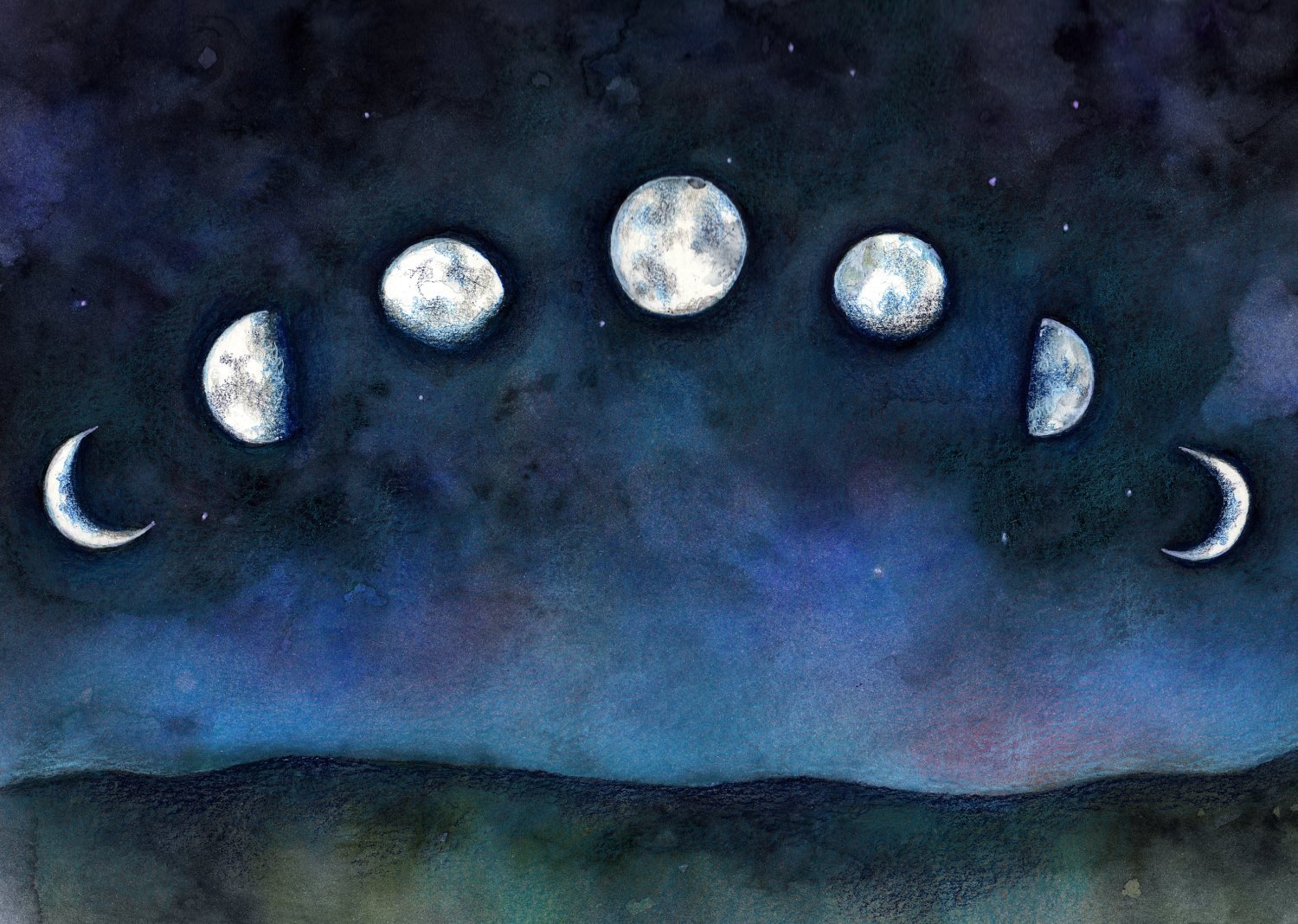 Рисунок луны в космосе. Луна акварелью. Ночное небо акварелью. Полнолуние акварель. Лунный пейзаж.