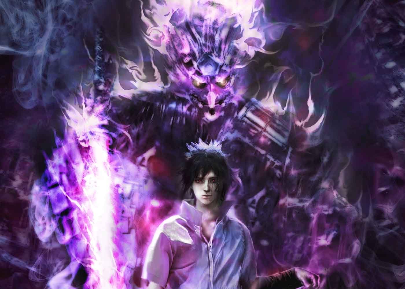 Обои Uchiha Itachi / Учиха Итачи на фоне демона Сусано из аниме Наруто / Naruto