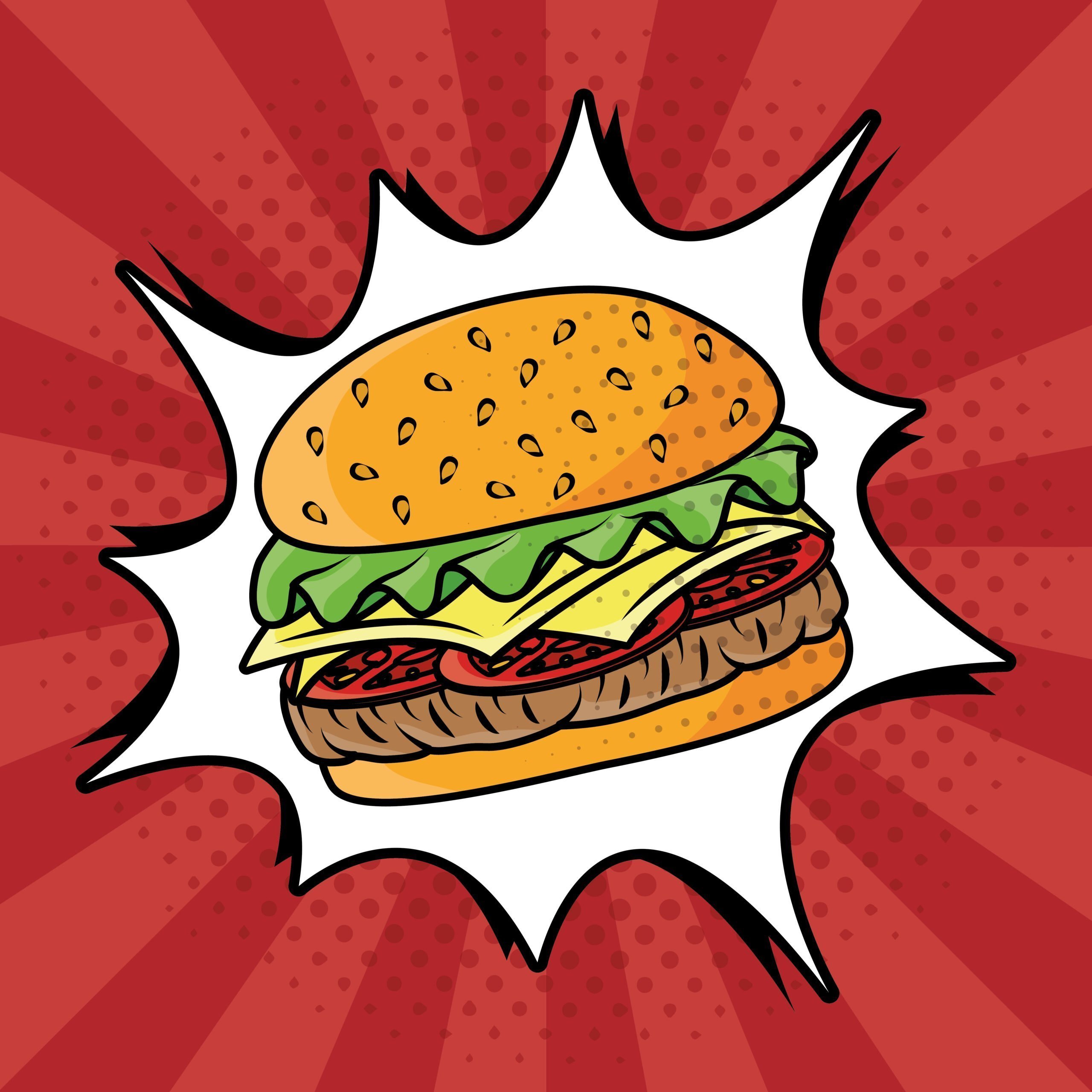 Рисунок фаст. Поп арт еда. Бургер в стиле поп арт. Еда в стиле поп арт. Бургер рисунок.