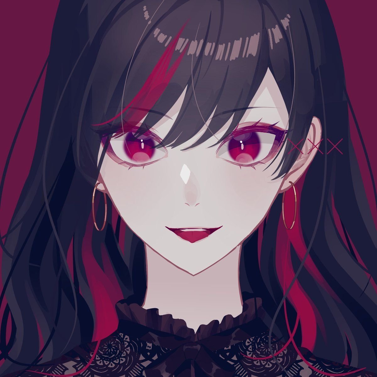 Девушка с чёрными волосами и красными глазами