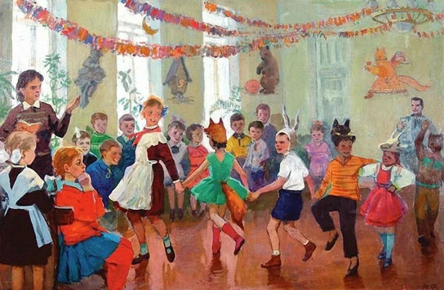 Картина в садик. Новый год в Советской живописи. Советские новогодние праздники. Школьный праздник новый год.