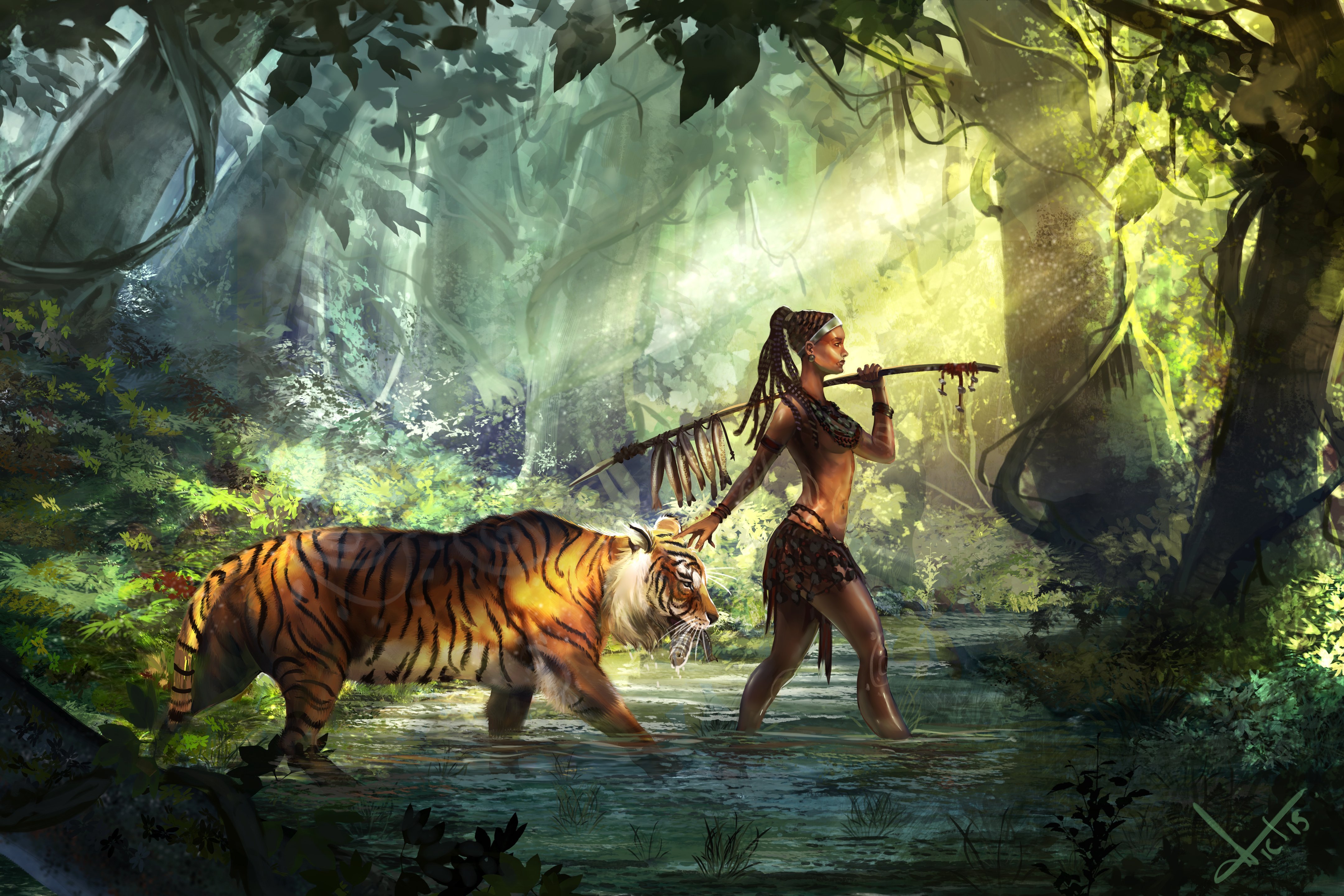 Люди хищные природы. Девушка с тигром фэнтези. Тигр в джунглях. Девушка тигр арт. Фэнтези звери.