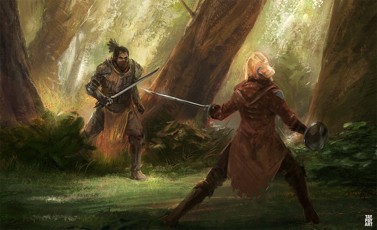 Дуэль на двоих. Ведьмак Арагорн. Рыцарь в лесу. Бой на мечах фэнтези. Поединок фэнтези.