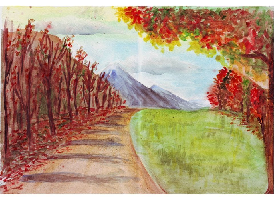 Пейзаж 6. Осенний пейзаж с перспективой. Осень цветными карандашами. Осенний пейзаж легкий. Осенний пейзаж для срисовки.