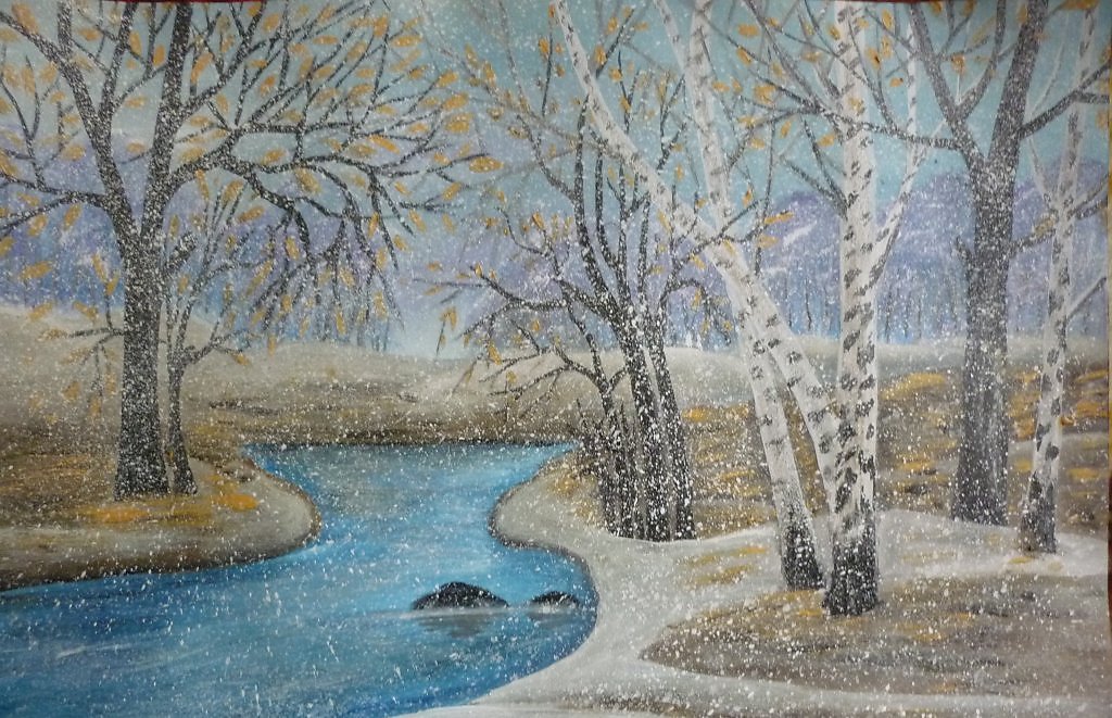Рисунок 1 снега. Рисование первый снег. Первый снег рисунок. Зимний пейзаж для детей. Зимний пейзаж гуашью.