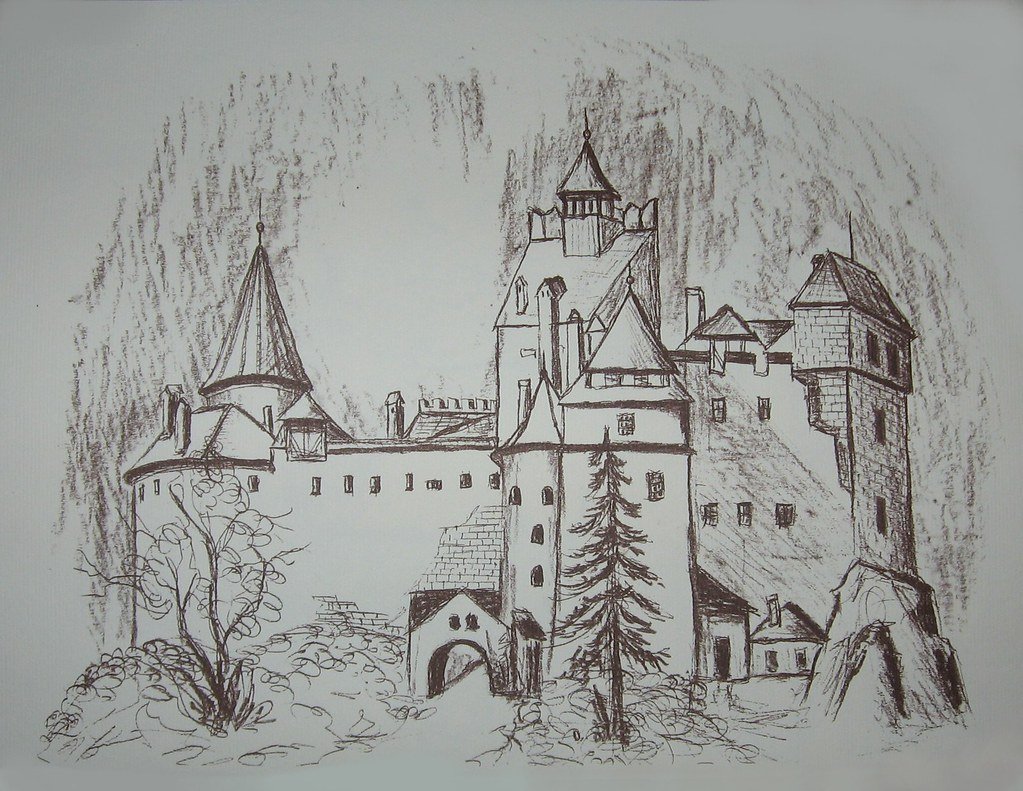 Рисунок старой крепости. Замок Дракулы. Замок Дракулы в Румынии рисунок. Чертеж замка Дракулы. Замок карандашом.