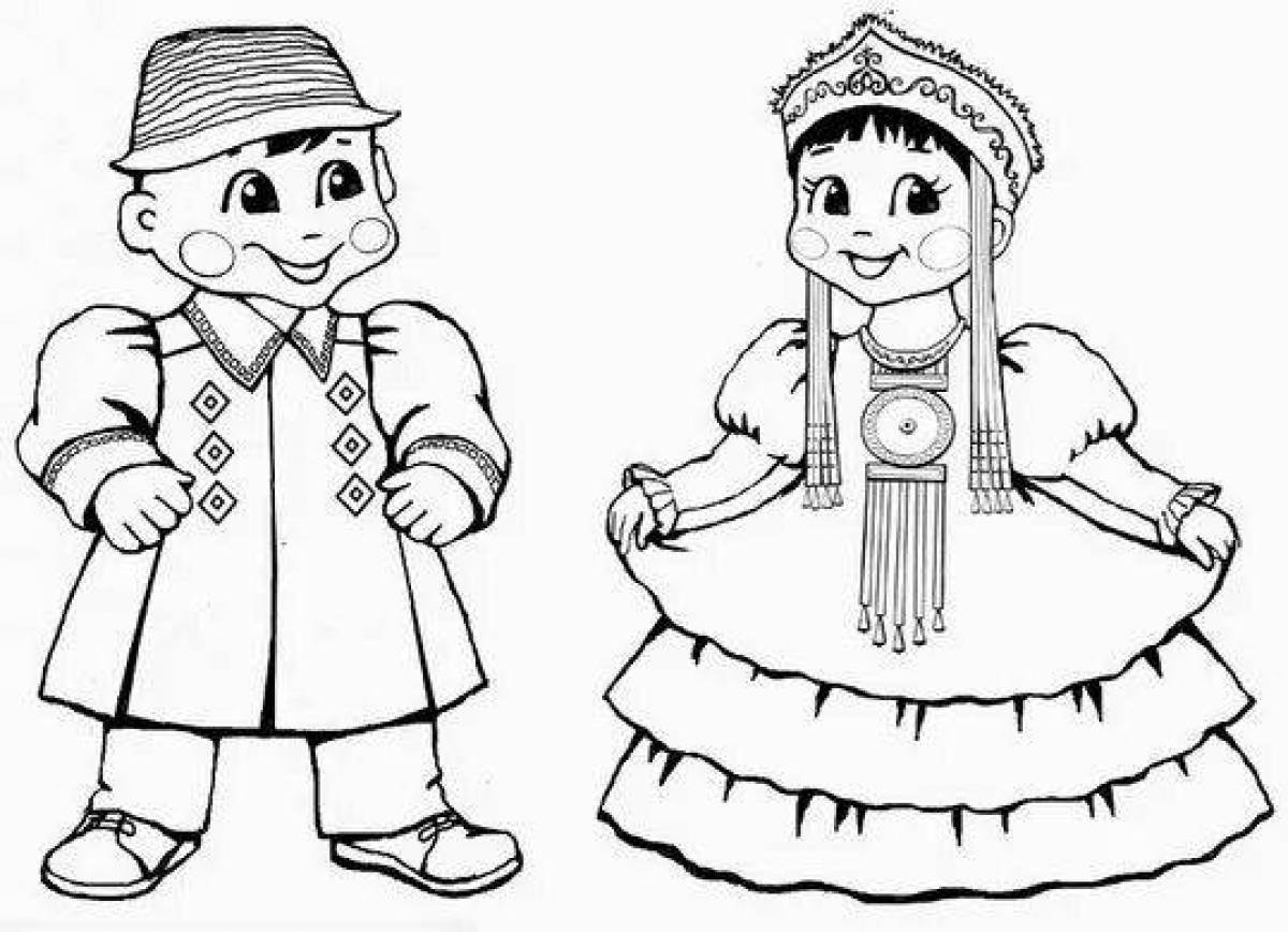 Нарисуй национальность. Башкирский национальный костюм раскраска. Национальный костюм раскраска. Национальные костюмы раскраска для детей. Раскраска "народные костюмы".