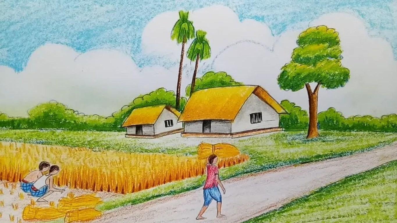 Сколько лет рису. Летний пейзаж цветными карандашами. Нарисовать летний пейзаж. Рисунок на тему деревня. Сельский пейзаж цветными карандашами.