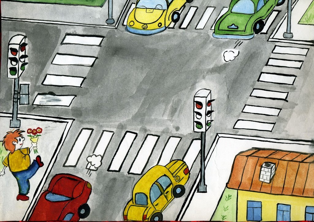 Рисунок правила на дороге. Рисунок на тему ПДД. Рисунок по правилам дорожного движения. Рисование перекрёсток и светофор дети. Рисунок на тему безопасная дорога.