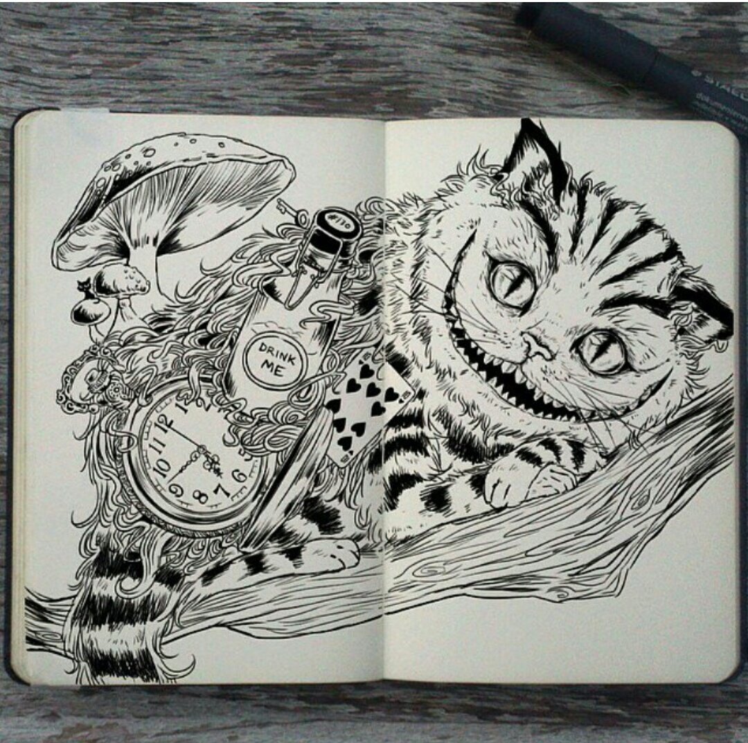 Сложные рисунки котик. Зентангл Чеширский кот. Чеширский кот скетч. Рисунки в скетчбуке. Рисунки черной ручкой.