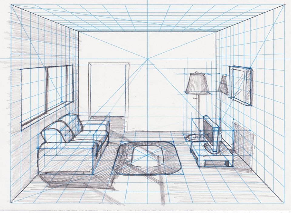 Рисунок комнаты 7 класс легко. Перспектива комнаты сбоку. Фронтальная перспектива интерьера. Чертеж комнаты в перспективе. Рисование интерьера комнаты.
