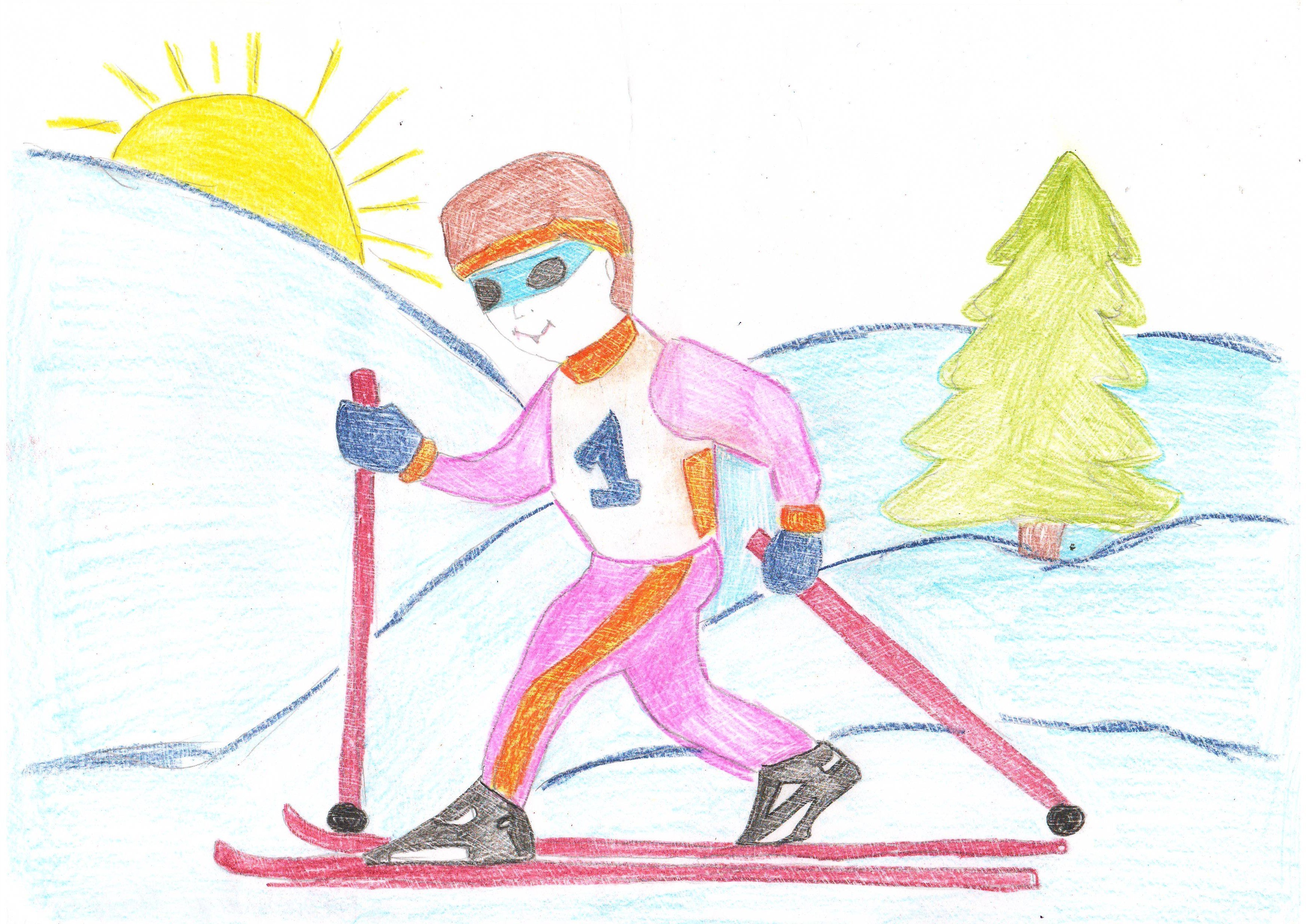 Лыжник 3 класс. Зимний спорт рисунок. Рисование лыжник. Рисунок на спортивную тему. Рисование с детьми лыжник.