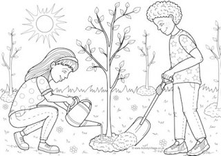 Дети сажают деревья. Раскраска