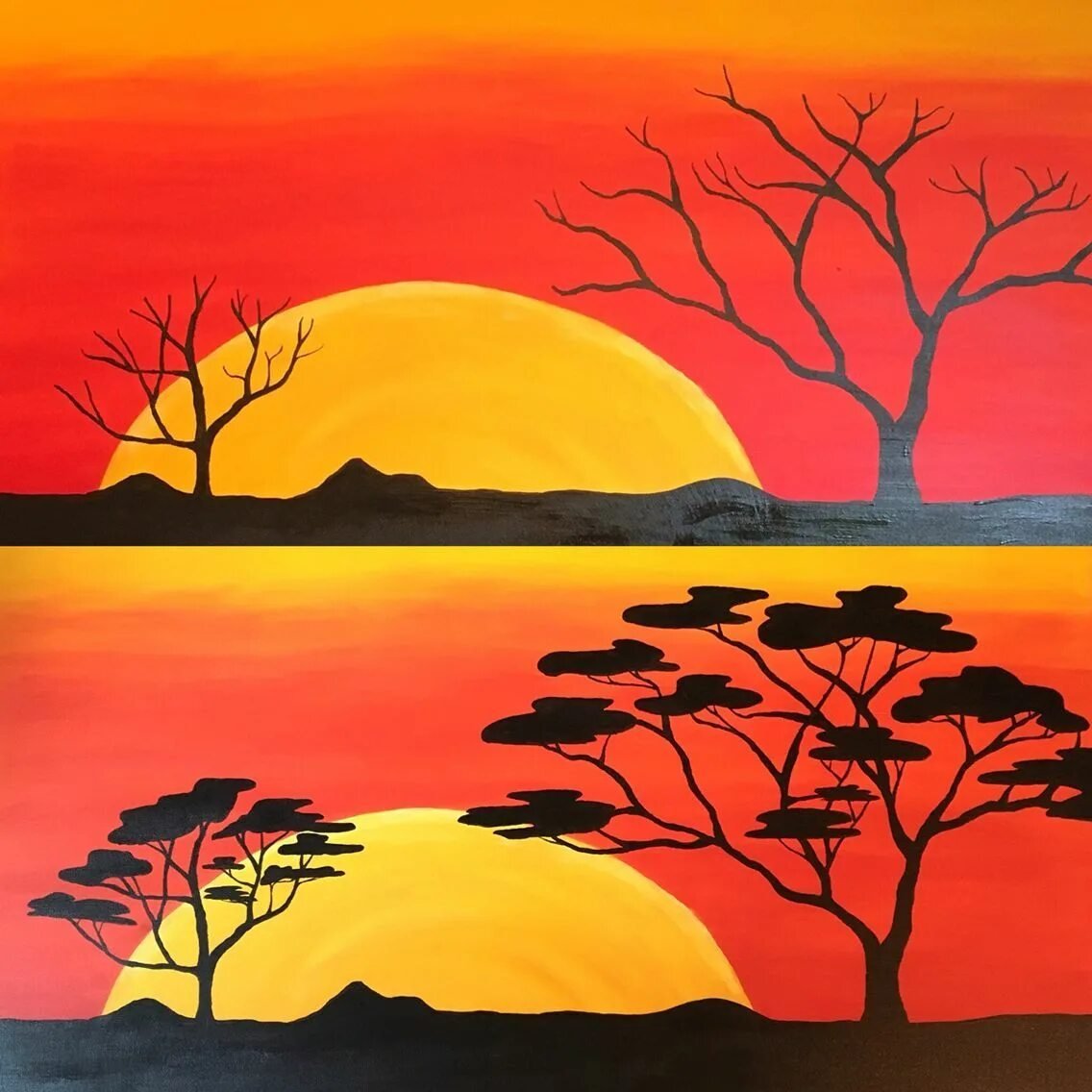 Закат поэтапно. Пейзажи для рисования. Пейзаж закат гуашью. Правополушарное рисование африканские пейзажи. Рисование заката для детей.