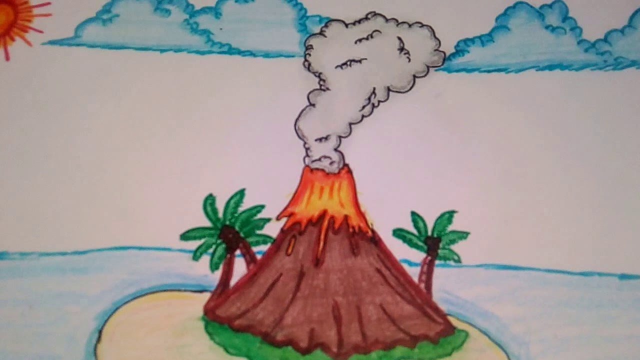 Рисунок вулкана 5 класс. Вулкан рисунок. Рисование вулкана. Детские рисунки вулканов. Рисование красками вулкан для детей.