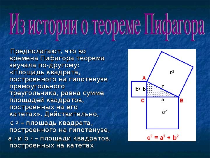 Теорема пифагора свойства. Теорема Пифагора по геометрии. Площади теорема Пифагора 8 класс. 12. Теорема Пифагора. C2 a2+b2 теорема Пифагора.