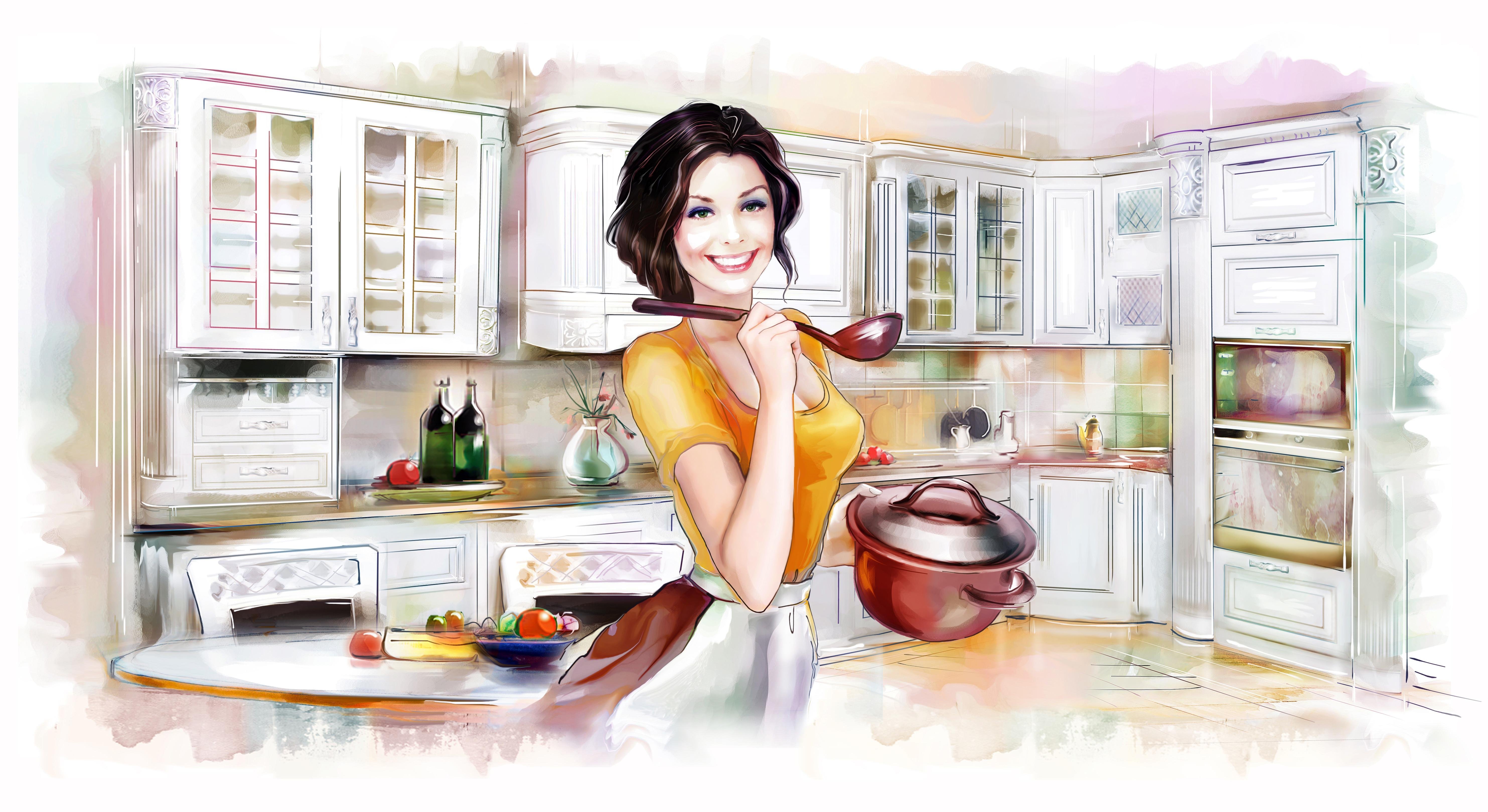 Послушного ласкового. Хозяюшка на кухне иллюстрация. Женщина на кухне. Хозяйка на кухне. Женщина хозяйка в доме.