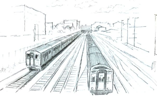 Легкая железная дорога. Линейная перспектива. Поезд рисунок карандашом. Поезд в перспективе. Железная дорога перспектива карандашом.