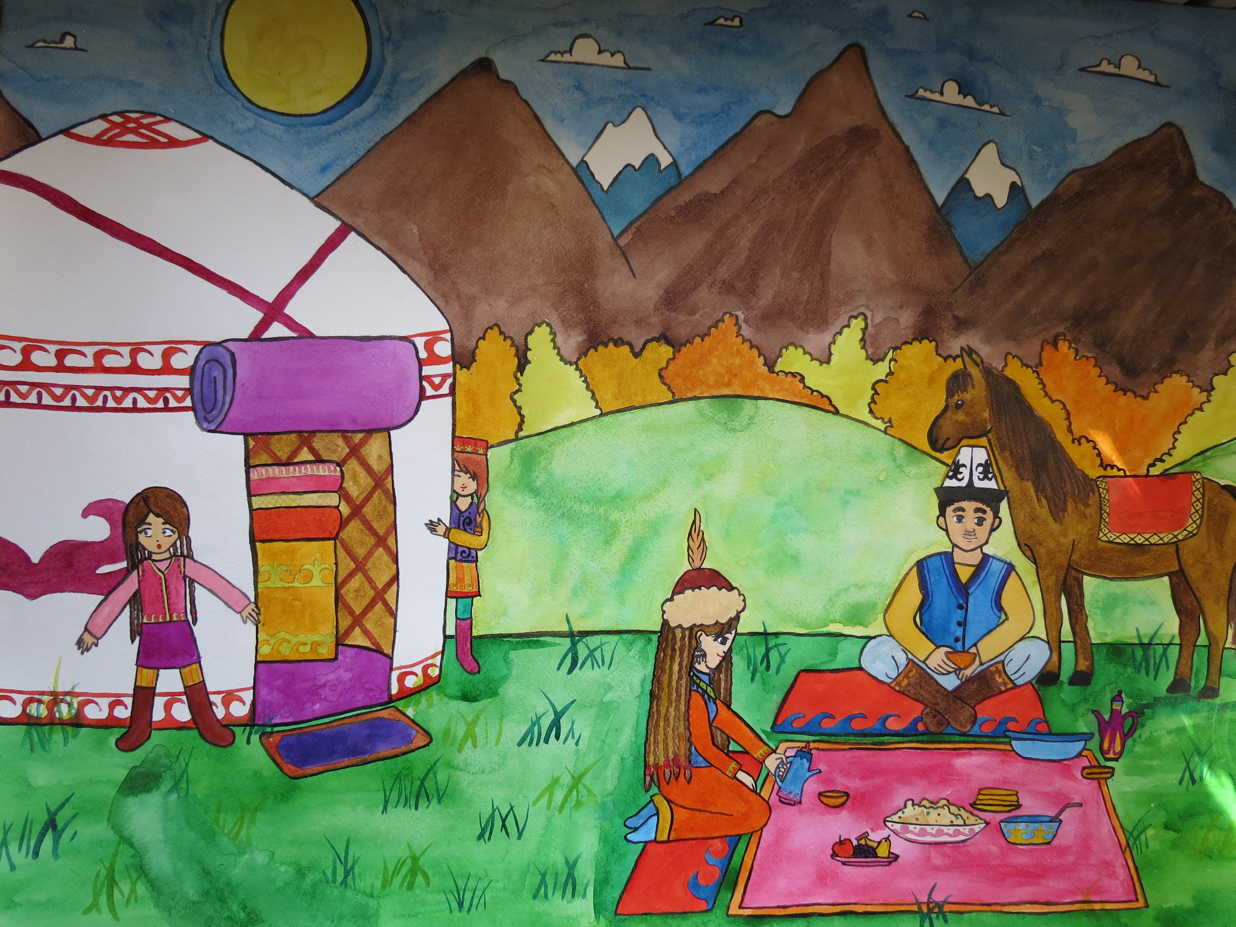 Рисунок наурыз для детей. Горы юрта Нооруз. Кыргызская юрта детям рисование. Рисунок на Наурыз детский. Иллюстрация гор с юртой.