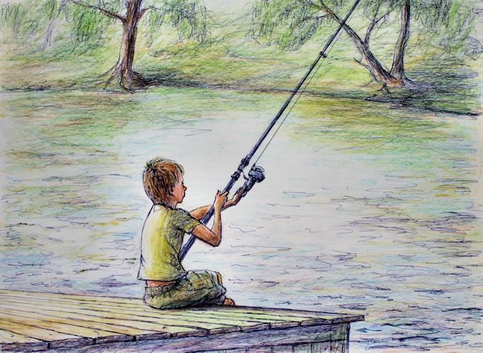 Егэ однажды я ловил рыбу. Рыбалка рисунок. Рыбак рисунок. Рисовать рыбалку. Рыбак с удочкой.