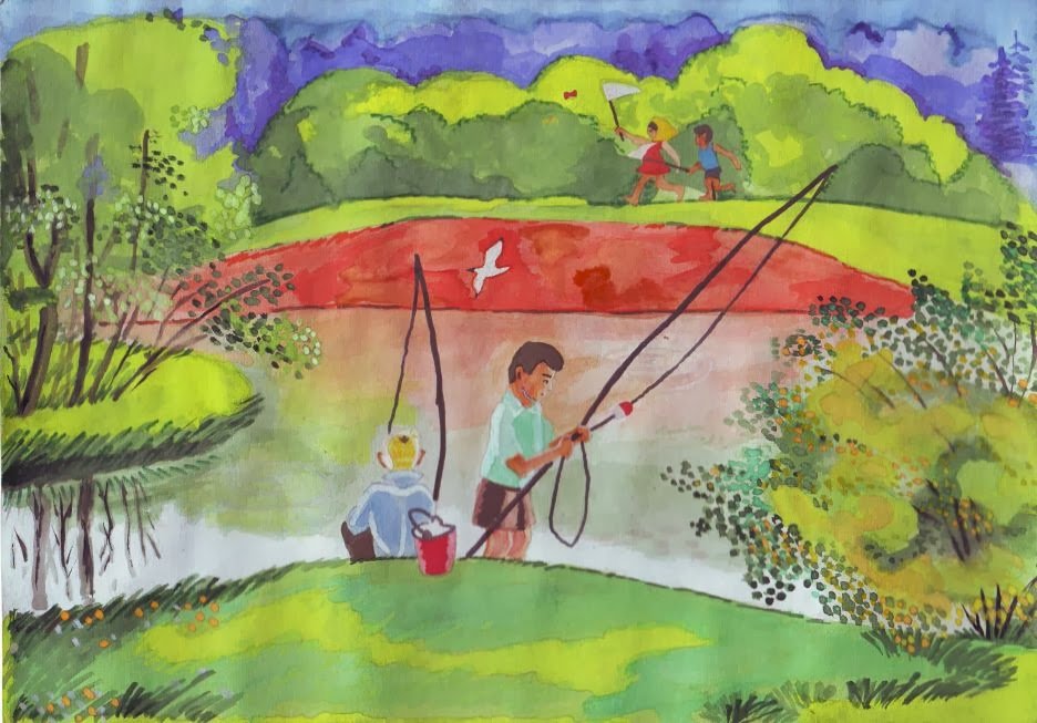 Тема произведения тихое утро. Рисунок на тему рыбалка. Детские рисунки на тему рыбалка. Детская рыбалка рисунок.