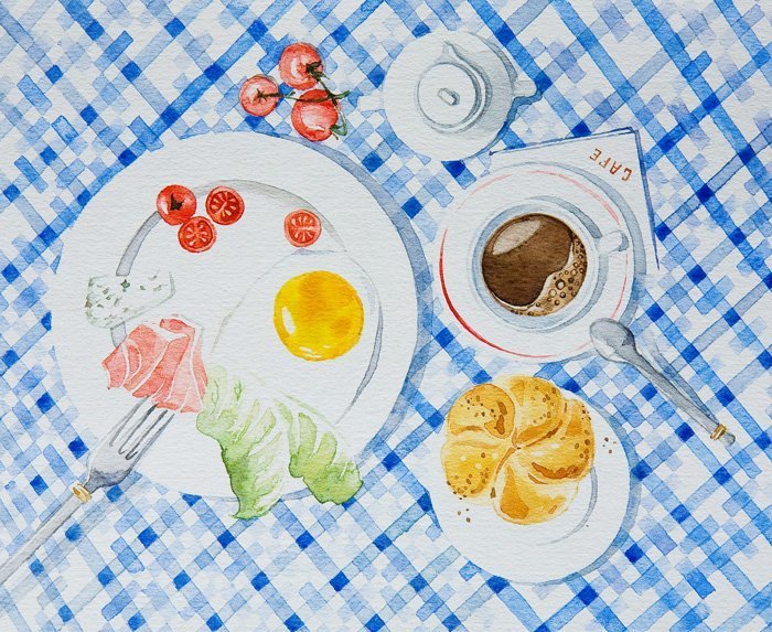 Участки застроены приготовленный завтрак иллюстрированные. Завтрак акварель. Завтрак рисунок. Полезный завтрак рисунок. Нарисовать завтрак.