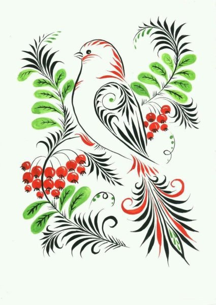 Как нарисовать птицу в хохломской росписи карандашами, красками поэтапно?