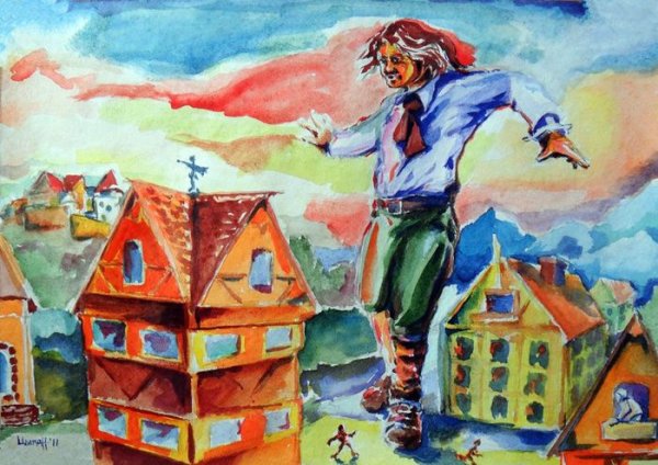 Иллюстрация "Путешествие Гулливера" в страну великанов в