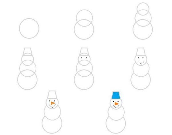 Пошаговое рисование снеговика