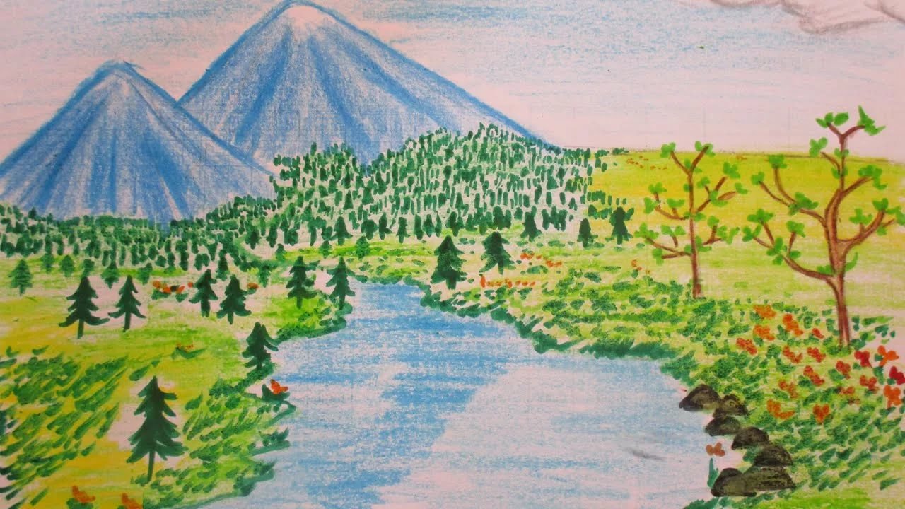 Рисунок красота гор окружающий мир. Природа рисунок. Пейзаж рисунок. Пейзаж цветными карандашами для детей. Легкие пейзажи.