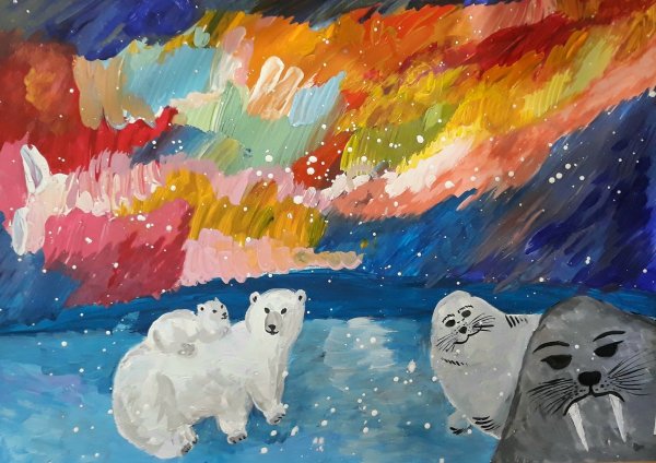 Белый медведь и Северное сияние гуашью картина