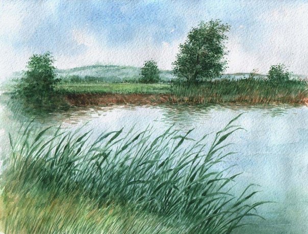 Река цветными карандашами