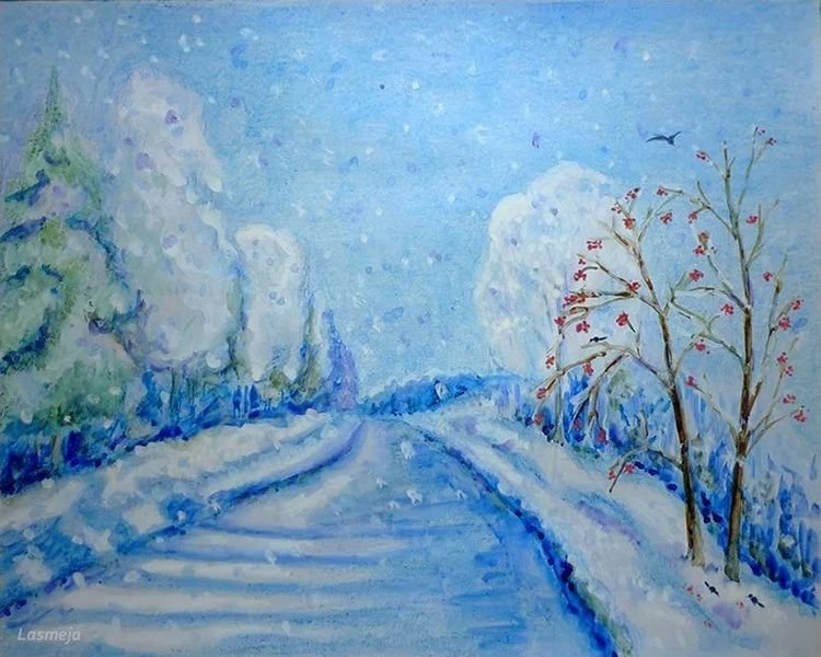 Зимний пейзаж гуашью