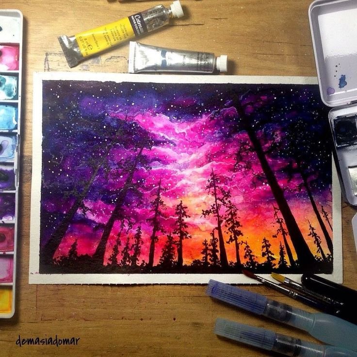 Космос рисунок акварелью