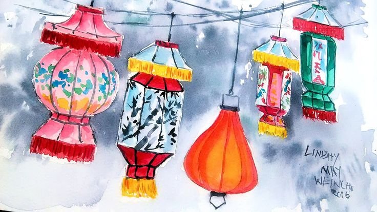 Китайские фонарики акварель