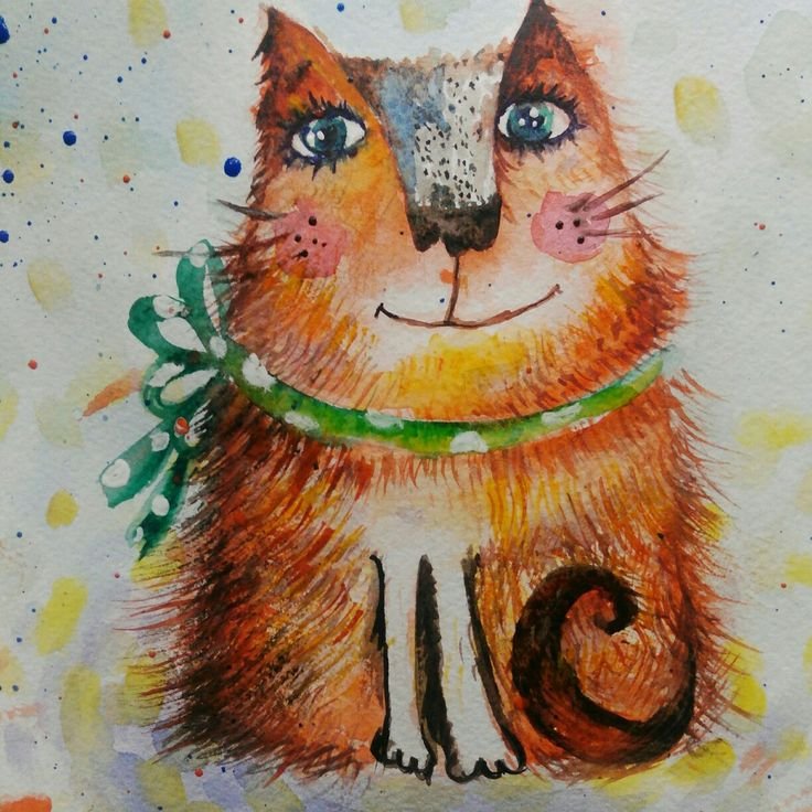 Рыжий кот акварелью