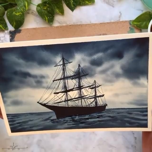 Корабль рисунок акварелью