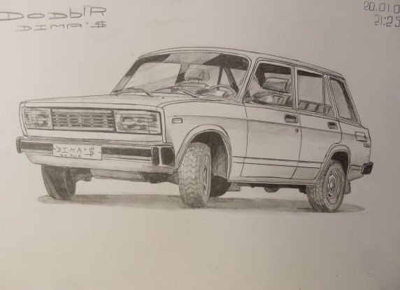 Автомобиль в карандашном рисунке Лада 2104 спереди