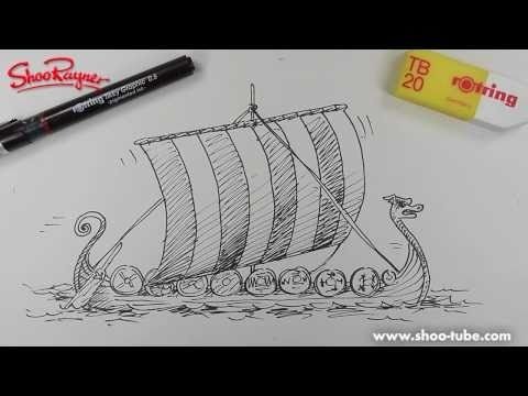 Корабль викингов карандашами цветными
