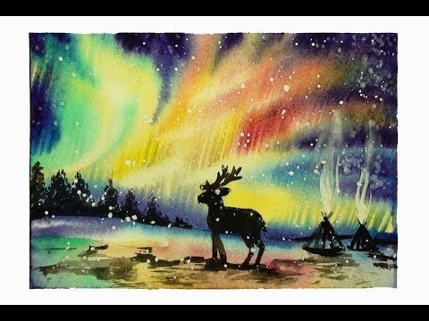 Северное сияние акварелью для детей
