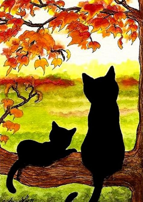 Осенний пейзаж и черная кошка