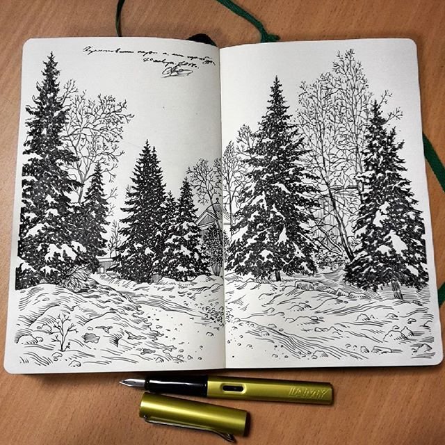 Пейзаж черной ручкой
