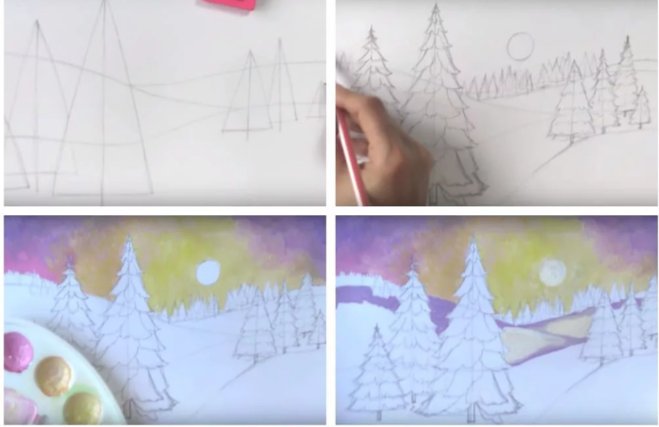 Этапы рисования зимнего пейзажа