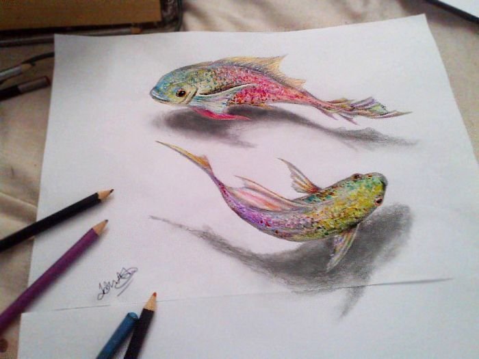 Рыбки акварельными карандашами