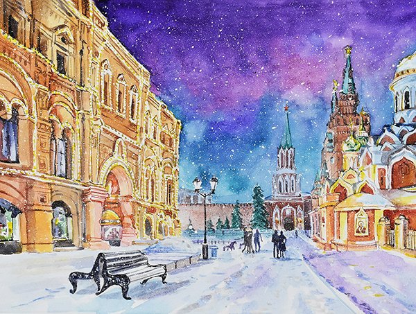 Зимний городской пейзаж гуашью
