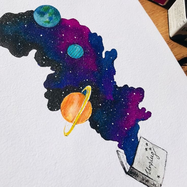 Космос рисунок акварелью