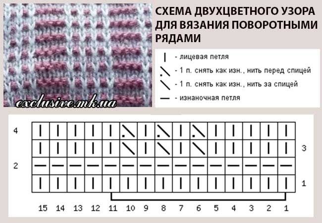Вязание узора двухцветное с вытянутыми петлями спицами