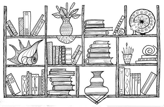 Стеллаж с книгами и растениями