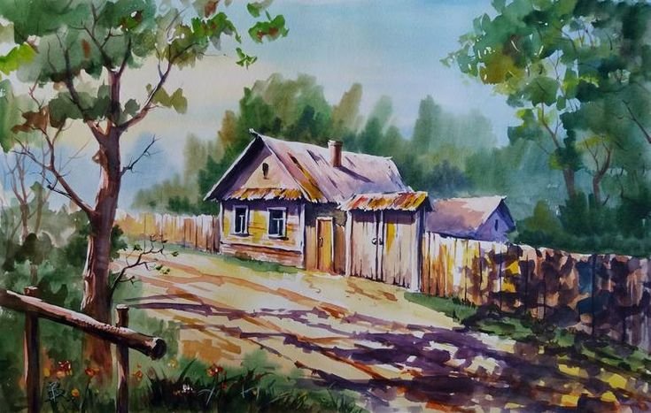 Деревенский пейзаж гуашью