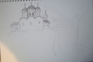 Церковь в далеке карандашом